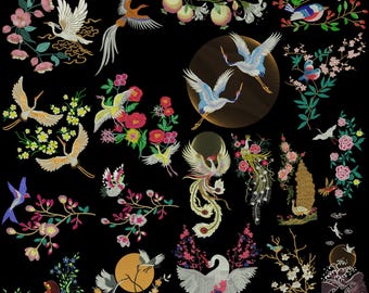 Bloemen vogelborduurontwerp, vintage vogel- en bloemborduurpatroon, Japans geïnspireerde kraanvogel feniksbloesemborduurwerk, natuurvogel