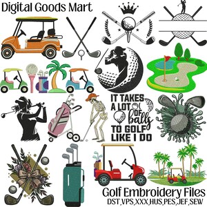 Golf Embroidery Design Set – Golf Cart, Clubs, Balls, and Fun Phrases – Digital Machine Embroidery Files in DST, VP3, PES – 4", 5", 7" Sizes