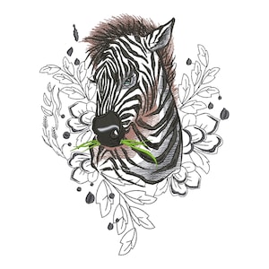 May include: An embroidered design featuring a zebra head with black and white stripes, eating green grass. The zebra is surrounded by a floral wreath with black outlines and accents. The design is on a white background.