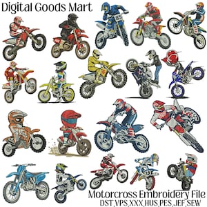 Może przedstawiać: Kolekcja kolorowych wzorów haftu motocrossowego. Obraz przedstawia różnych zawodników na motocyklach w akcji, z tekstem "Digital Goods Mart" na górze i "Motorcross Embroidery File" na dole. Wzory są w różnych kolorach i stylach.