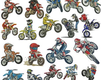 Bundel motorcrossborduurontwerpen, crossmotorborduurbestanden, borduurpatronen racefietsmachine, motorcrosskunst kunst