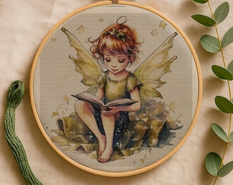 Feeën kruissteekpatroon pdf, leuk lezend feeënmeisje, fantasy boskunst, 18 count grafiek, afdrukbaar DIY-kruissteekpatroon