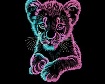 Neon Lion Embroidery Design, Colorful Lion Machine Embroidery File dst pes jef vp3 sew xxx hus 4x4 5x7 7x7