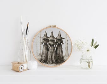 Heksen kruissteekpatroon pdf, gotische drie heksenkunst, borduurkaart Dark Fantasy, 18 count afdrukbaar Halloween-ontwerp