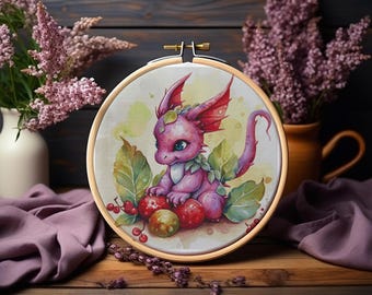 Pink Dragon kruissteekpatroon pdf, schattige fantasie babydraak-kaart, 18 count floss-gids, afdrukbare symboolgrafiek, decoratie kinderkamer