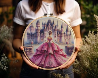 Prinses kruissteekpatroon pdf, meisje fantasiekasteel in roze jurk, sprookjesachtige kleurenkaart, 18 count afdrukbare handwerkkunst