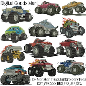 Może przedstawiać: Kolekcja haftowanych wzorów monster trucków w różnych kolorach, w tym czerwonym, niebieskim i zielonym. Wzory przedstawiają płomienie, zęby rekina i inne detale. Tekst na obrazku brzmi "Digital Goods Mart" i "15+ Monster Truck Embroidery Files".