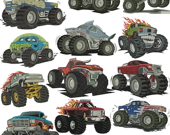 Monstertruck-borduurwerkontwerp, voertuigborduurwerk, monsterborduurwerk, vrachtwagenborduurwerk, autoborduurwerk, machineborduurontwerp