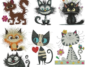 Crazy Cat borduurwerk ontwerp bundel, grappige eigenzinnige kat machine borduurwerk bestanden dst pes jef vp3 naai xxx hus 4 x 4 5 x 7 7 x 7
