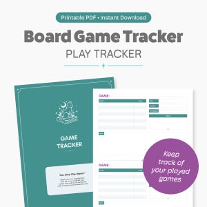Puede incluir: Un rastreador de juegos de mesa turquesa con el texto "Board Game Tracker" y "Play Tracker". La portada tiene un gato en un libro. Las páginas incluyen secciones para detalles del juego y notas. Un círculo morado dice "Keep track of your played games".