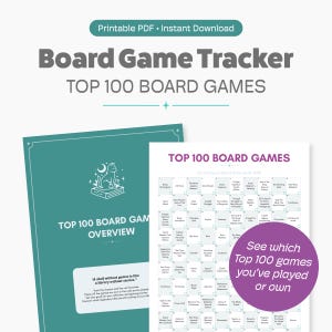 Puede incluir: Un rastreador de juegos de mesa imprimible en verde azulado y blanco, con el texto "Board Game Tracker TOP 100 BOARD GAMES". La página de resumen tiene una ilustración de gato. La segunda página enumera los 100 mejores juegos de mesa.