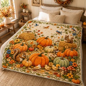 Patchwork Pumpkin Quilt Blanket, Cozy Autumn Throw, Kids Bedding, Americana Decor