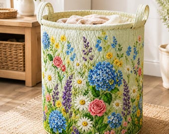 Cesta de lavandería acolchada con estampado floral, bolsa de almacenamiento botánica con hortensias, cesta de estilo rústico.