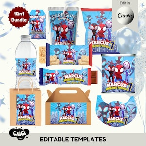 Peut inclure: Un ensemble de 10 modèles numériques pour fête d'anniversaire sur le thème Spidey et ses Amis Extraordinaires, avec des graphismes de personnages et du texte personnalisable pour les 7 ans de Marcus, incluant étiquettes et emballages.