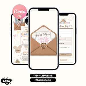 May include: Three smartphones displaying digital baby shower invitation templates. The center screen shows a tan envelope with a wax seal containing a card that reads You're Invited. The screens feature castle graphics, mouse silhouettes, and RSVP forms.