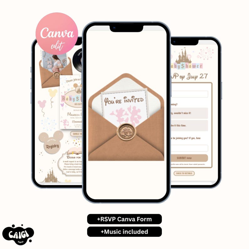 May include: Three smartphones displaying digital baby shower invitation templates. The center screen shows a tan envelope with a wax seal containing a card that reads You're Invited. The screens feature castle graphics, mouse silhouettes, and RSVP forms.
