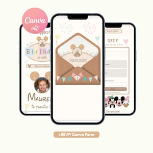 以下が含まれることがあります： 城のアイコン、パステルカラーの旗、キャラクターのグラフィックが描かれたデジタル誕生日招待状テンプレートを表示する3台のスマートフォン。画面には「Happiest Birthday on Earth」、「You are invited」、「RSVP」などのテキストが表示されています。