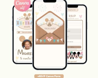 May include: Three smartphones displaying digital birthday invitation templates with a castle icon, mouse ears, and pastel bunting. The screens show text including Happiest Birthday on Earth, You are invited, and RSVP, alongside a photo placeholder.