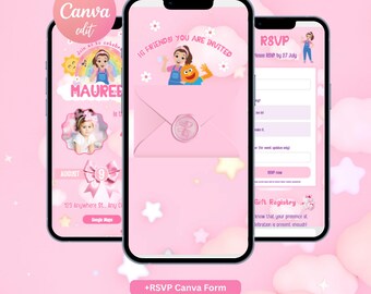 May include: Three smartphones display a pink digital birthday invitation template. The screens feature cartoon characters, a photo frame, a pink envelope with a wax seal, and RSVP form fields. Text includes Hi Friends! You Are Invited, Maureen, and RSVP.