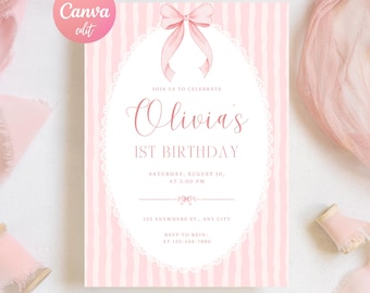 Coquette Bow Birthday Invitation Templates Striped Editable Party Decor Canva Digital