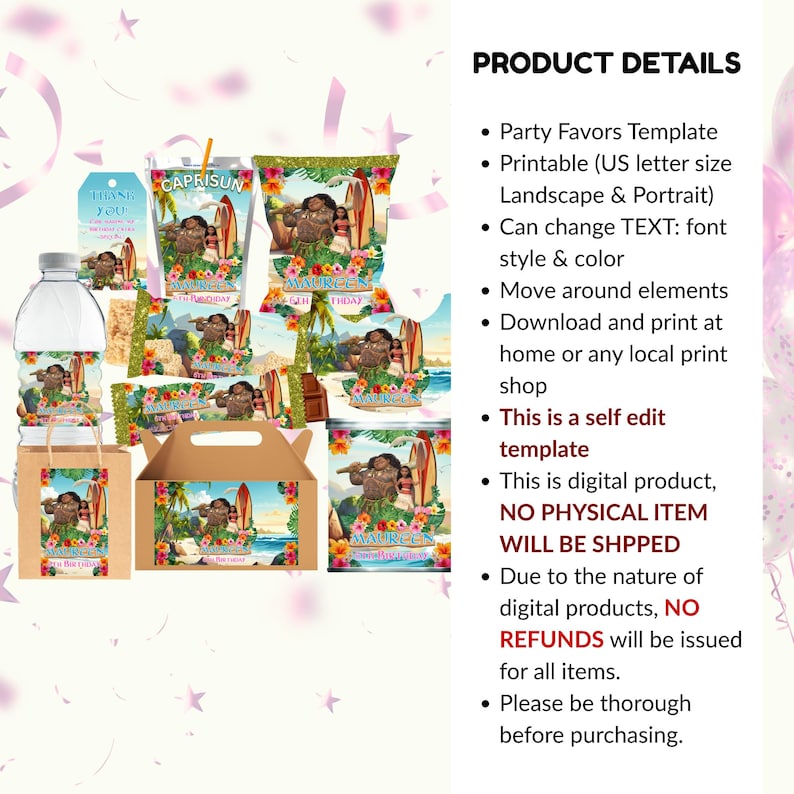 May include: A collection of party favor templates featuring a tropical theme. The designs include images of a cartoon character with a surfboard, flowers, and ocean scenery. The templates are for various items, including Capri Sun pouches, water bottles, and gift boxes.