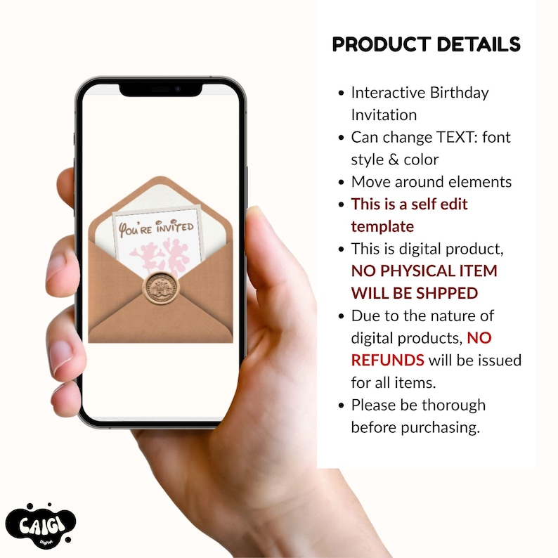 May include: A digital birthday invitation template displayed on a smartphone screen, featuring an open brown envelope with a wax seal and a card inside that reads You're Invited. The text Product Details lists features including editable font, color, and element placement.