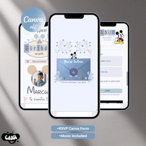 Könnte beinhalten: Drei Smartphones zeigen eine digitale Geburtstagseinladungsvorlage mit einer blauen Umschlag-Grafik, Mickey-Mouse-Illustrationen, Feuerwerk und Texten wie "Happiest Birthday on earth", "You're Invited" und "RSVP".