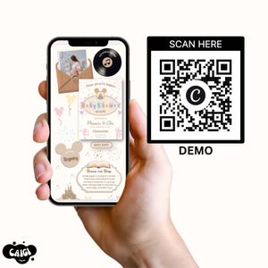 May include: A smartphone screen displays a digital baby shower invitation with a castle icon, text reading Baby Shower on earth, and a Books for Baby section. Next to the phone is a black and white QR code with the text SCAN HERE DEMO.
