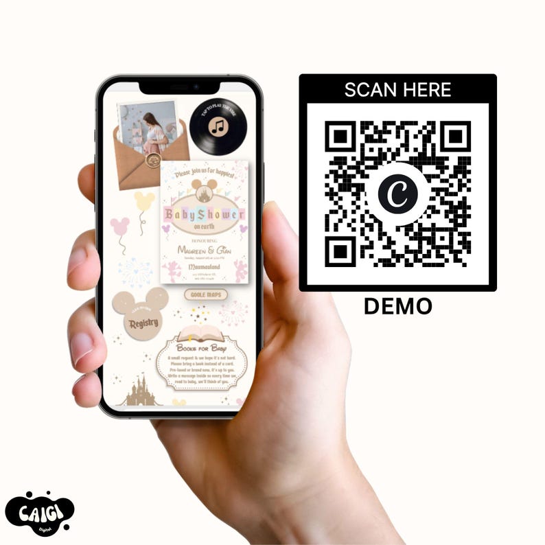May include: A smartphone screen displays a digital baby shower invitation with a castle icon, text reading Baby Shower on earth, and a Books for Baby section. Next to the phone is a black and white QR code with the text SCAN HERE DEMO.