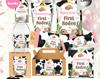 Modèle de cadeaux pour une fête sur le thème du rodéo, cadeaux d'anniversaire western pour cowgirl (modifiables), étiquette personnalisée pour sachet de chips « Premier rodéo », imprimables, modèle Canva