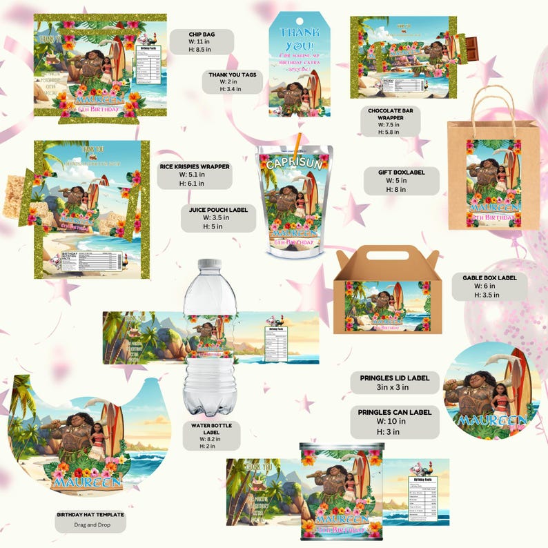 May include: A collection of party supplies featuring a tropical theme with a cartoon character, surfboard, and floral accents. Items include chip bags, gift box labels, water bottle labels, and more. The chip bag is 11 inches wide and 8.5 inches high.