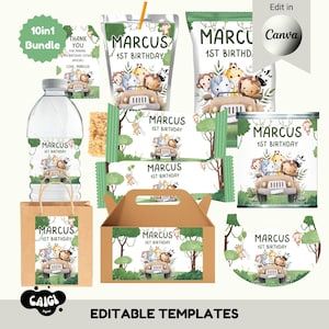 Puede incluir: Un paquete digital de 10 artículos para fiesta de cumpleaños con gráficos de animales de la selva, un jeep de safari y el texto Marcus 1st Birthday. Incluye plantillas para botellas de agua, bolsas de snacks, dulces y etiquetas de agradecimiento.