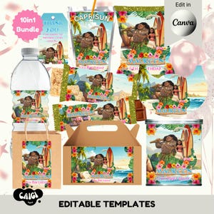 May include: A collection of party supplies featuring a tropical theme with the text "Maureen 6th Birthday". The set includes a water bottle label, Capri Sun pouch, candy wrappers, a gift bag, and a box, all decorated with cartoon characters and floral designs.