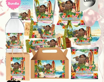 Printable Moana Party Favor Templates Bundle Decor Editable Canva Digital Download