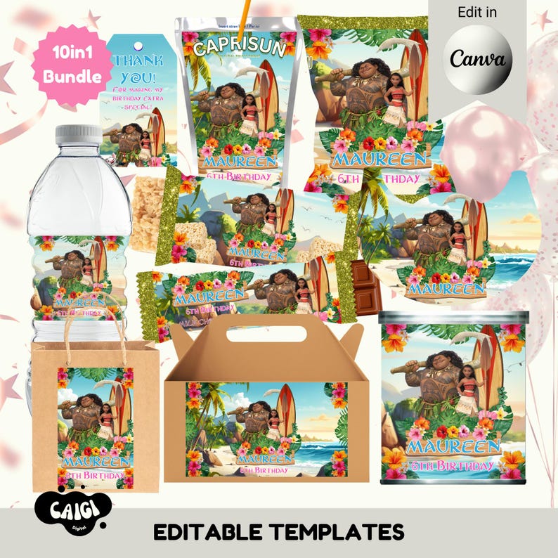 May include: A collection of party supplies featuring a tropical theme with the text "Maureen 6th Birthday". The set includes a water bottle label, Capri Sun pouch, candy wrappers, a gift bag, and a box, all decorated with cartoon characters and floral designs.