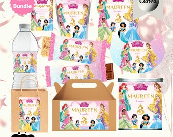 Printable Princess Party Favor Templates Bundle Decor Editable Canva Digital Download