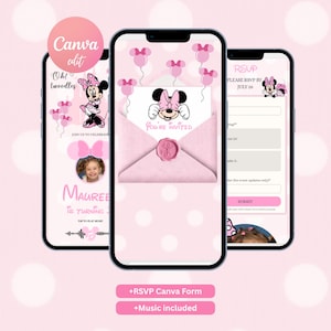 Könnte beinhalten: Drei Smartphones zeigen eine digitale Geburtstagseinladung im Minnie-Mouse-Design. Die Bildschirme zeigen rosa Hintergründe mit Luftballons, eine Minnie-Mouse-Figur, einen Umschlag mit Wachssiegel und Text, darunter Oh twoodles, You're invited und RSVP.