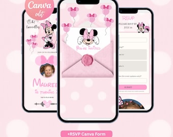 May include: Three smartphones displaying a digital invitation template with a pink polka dot background. The screens feature Minnie Mouse graphics, balloons, and text including Oh twoodles, You're invited, and RSVP. The center phone shows an envelope with a wax seal.