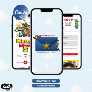 Puede incluir: Tres teléfonos inteligentes que muestran un tema de invitación de cumpleaños digital con personajes de Toy Story. Las pantallas muestran un sobre azul con una estrella de sheriff, el texto 'You're Invited', detalles de la fiesta de Marcus de 5 años y un formulario RSVP.