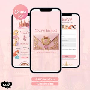 May include: Three smartphones display a digital pink princess-themed birthday invitation. The screens show a castle, animated characters, a gold-crested envelope with the text You're invited, and an RSVP form with fields for guest details.
