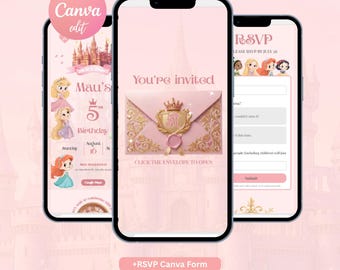 May include: Three smartphones display a digital pink princess-themed birthday invitation. The screens show a castle, animated characters, a gold-crested envelope with the text You're invited, and an RSVP form with fields for guest details.