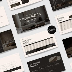 Peut inclure: Un ensemble de modèles de présentation numérique sur le thème de la stratégie de médias sociaux avec une palette de couleurs neutres noir, blanc et beige. Les diapositives incluent des titres comme Social Media Strategy et Analytics Dashboard.