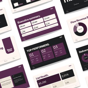 Pode incluir: Uma coleção de slides de relatórios de desempenho de marketing com esquemas de cores roxo escuro, preto e creme. Os slides exibem visualizações de dados, incluindo gráficos de pizza, métricas numéricas e cabeçalhos de texto como Executive summary, Top Performers e List Health.