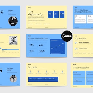 Peut inclure: Un modèle de présentation de proposition marketing numérique comprenant neuf diapositives avec un schéma de couleurs bleu clair et jaune pâle. Les diapositives contiennent des titres tels que Marketing Proposal, The Opportunity, What success looks like et Next steps, ainsi que divers graphiques, icônes et photographies circulaires en noir et blanc.