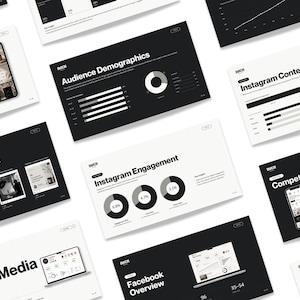May include: A collection of digital marketing presentation slides featuring black and white layouts. The slides display data visualizations including pie charts, bar graphs, and screenshots of social media profiles and analytics dashboards.