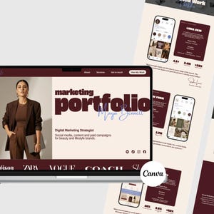 Puede incluir: Una pantalla de portátil que muestra un portafolio de marketing digital para Maya Bennett, con un esquema de color granate oscuro y crema. La página incluye texto, una fotografía de una persona con traje marrón e iconos de redes sociales y marcas.