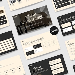 Può includere: Un set di modelli per presentazioni digitali caratterizzato da un design coerente con una palette di colori crema e nero. Le diapositive includono intestazioni di testo come Client Onboarding, What you'll receive, Let's stay connected e How we work.