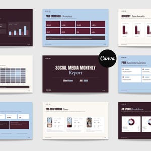 May include: A digital social media monthly report template featuring nine distinct slides with dark purple, light blue, and cream backgrounds. The slides display data visualisations, including bar charts, pie charts, and tables for analytics and performance metrics.