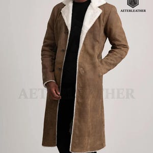 Abrigo largo de ante marrón con forro de piel de oveja para hombre / Gabardina de piel auténtica