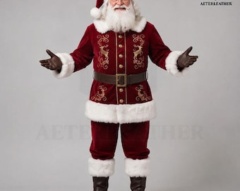 Luxury Velvet Santa Claus Costume | Red Christmas Suit with White  Trim